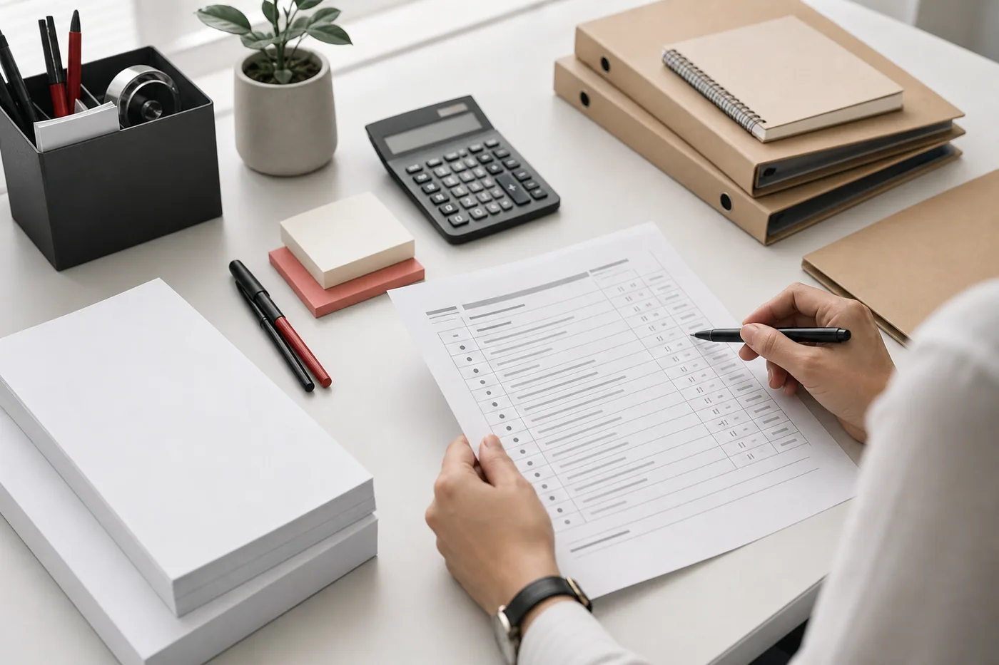 Liste de fournitures préparée sur un bureau avec du papier et des accessoires