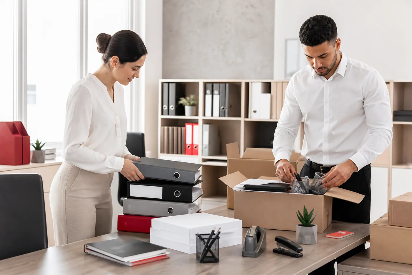 Professionnels organisant des fournitures dans un bureau