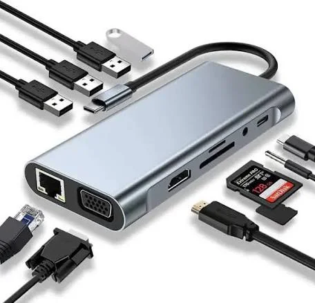 Adaptateur USB C 11 En 1 Hdmi 4k Vga Pd De Type C C Usb3.0 Rj45 Sd/Tf Aux 3,5 Mm