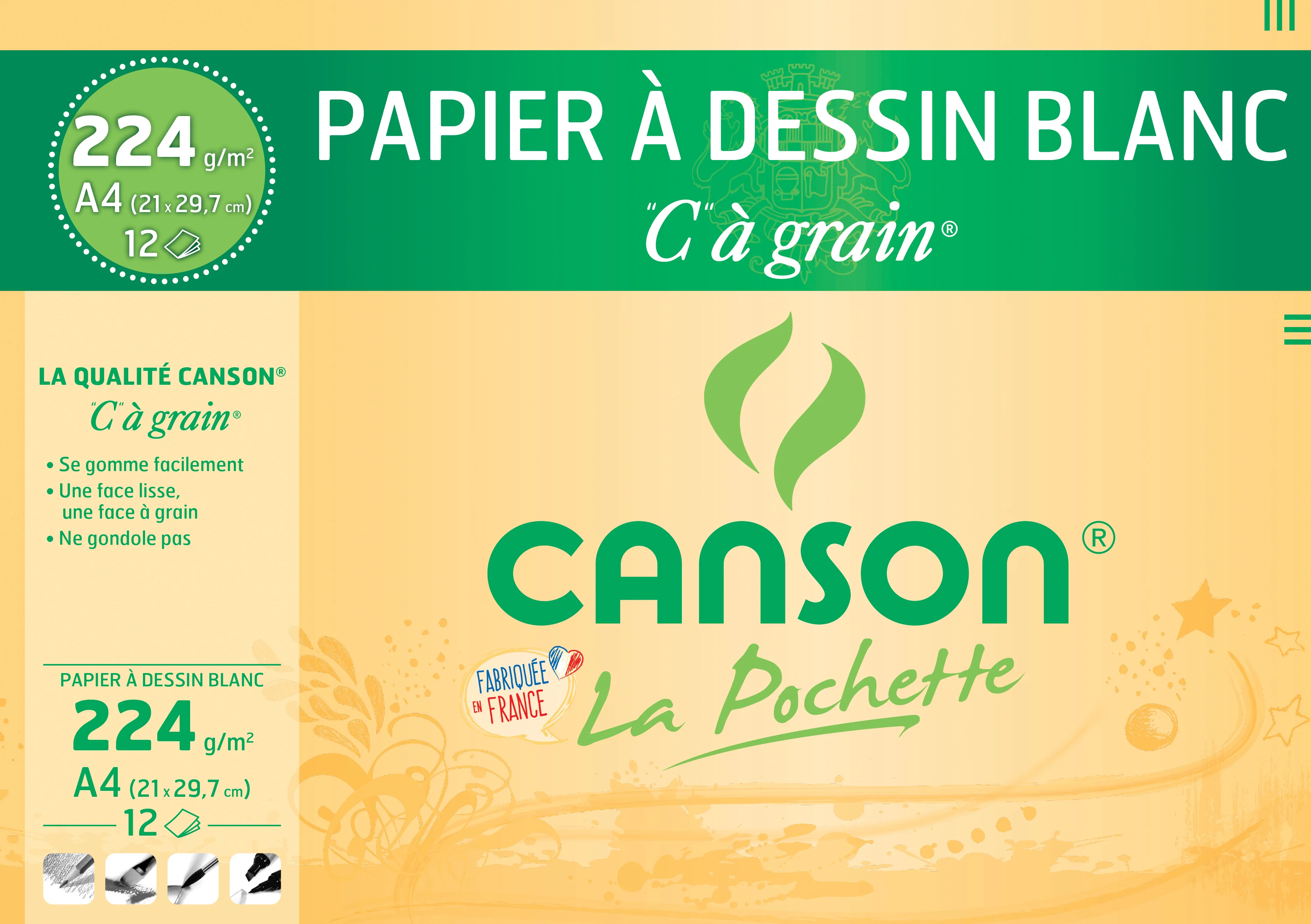 Cs16 Pochette De 12 Feuilles Dessin Blanc "c" À Grain Canson 224grs 21x29.7 Cm 200027114