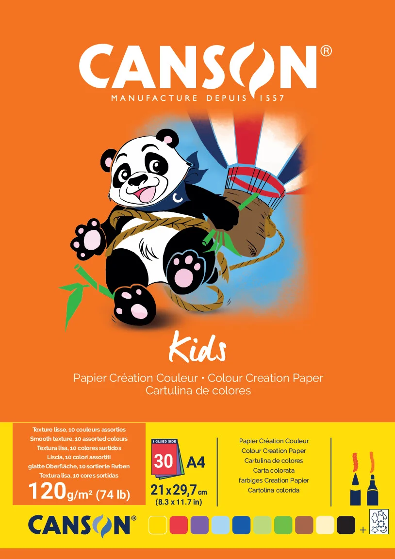 Cs65 Bloc Enfant 2 Ans+ 30 Feuilles Creation 10 Couleurs Assortis Canson A4 120 Grs 400015600