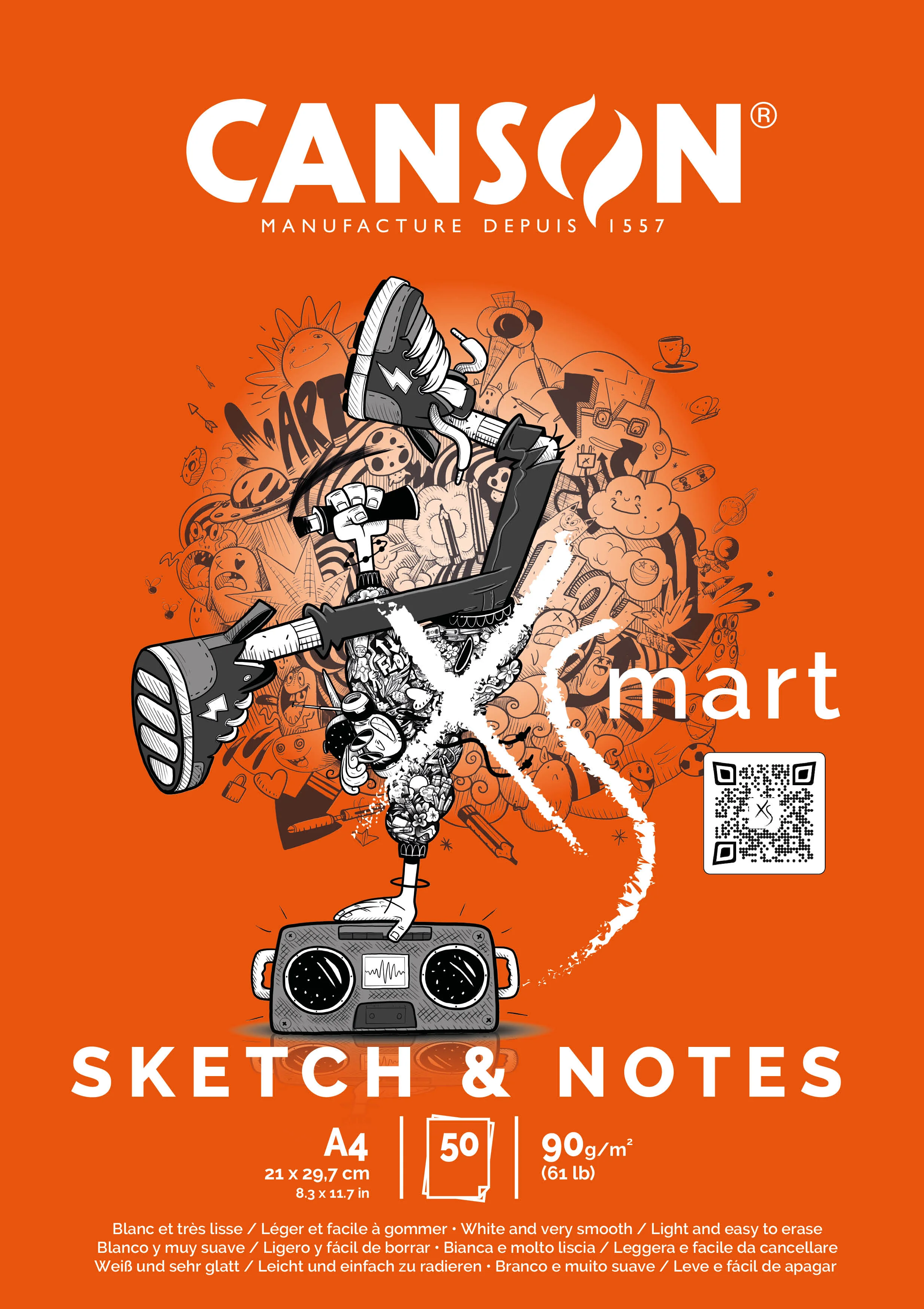 Cs154 Bloc Xsmart Sketch & Notes Collé Grand Côte 50 Feuilles Canson® 90 Grs 21 X 29,7 Cm 32250p003